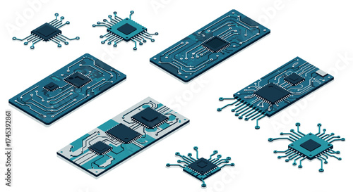 Isometric circuit board with microchips technology design