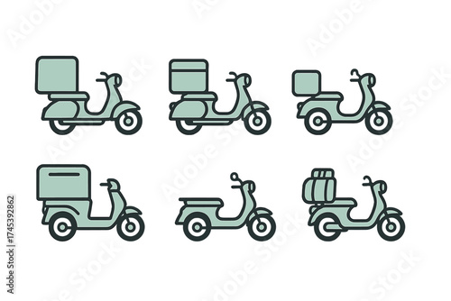 Six delivery scooter icons with various cargo boxes for food and package transport