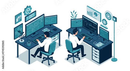 Collaborative software development scene in modern office setting with dual monitor workstations