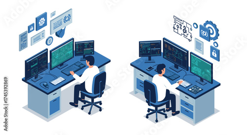 Isometric office workspace with multiple monitors and technology icons