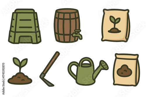 Essential tools and supplies for organic gardening and composting including barrel, bin, hoe, and watering can