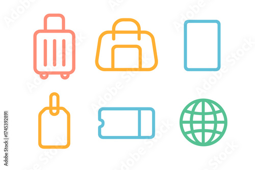 Colorful outline icons for travel, tourism, and vacation planning essentials like luggage, ticket, and globe