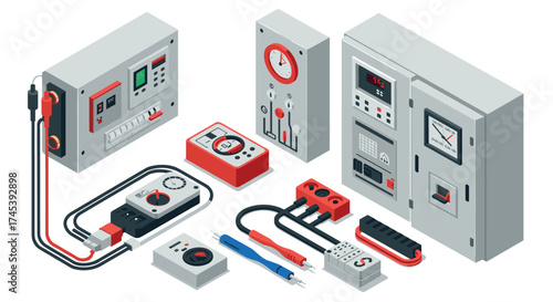 Isometric electrical instruments and control panels collection for industrial use
