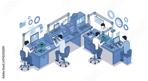 Isometric office scene with engineers working at computers and electronic components