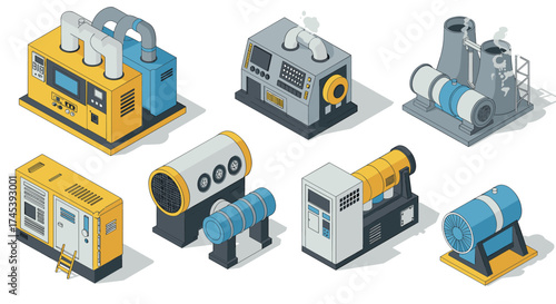 Isometric industrial machines set for manufacturing and energy facilities
