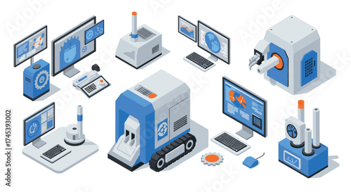 Isometric factory technology equipment with computers and machines for industrial automation