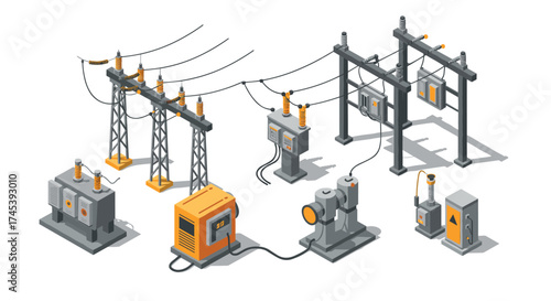 Isometric power grid elements transformers, cables, and electrical substation infrastructure