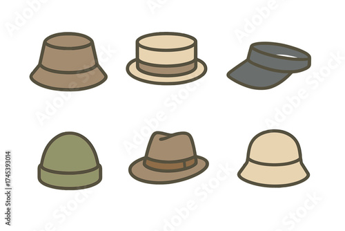 Various headwear styles including bucket hats, fedora, beanie, boater hat, and visor in earthy tones