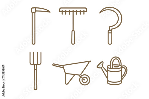 Essential farming and gardening tools set including rake, sickle, and wheelbarrow