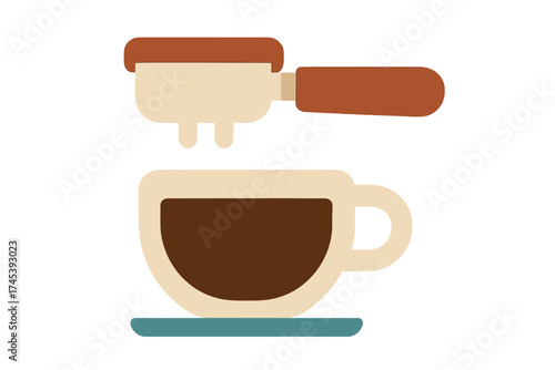 Stylized espresso portafilter and coffee cup with saucer for cafe menu graphic