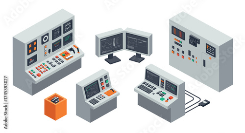Isometric control room with modern equipment and digital displays