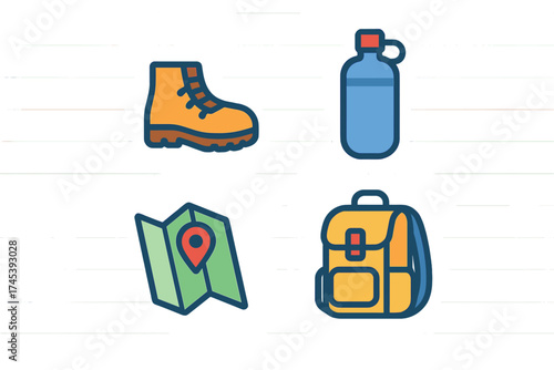 Essential outdoor adventure gear: hiking boot, water bottle, map, and backpack