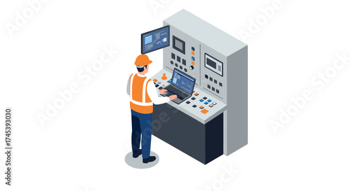 Engineer operating industrial control panel in isometric style
