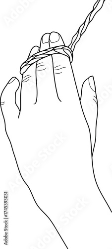 Coloring page with back of hand with green yarn strands wrapped around it.