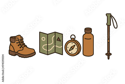 Essential outdoor gear collection including hiking boot map compass water bottle and trekking pole