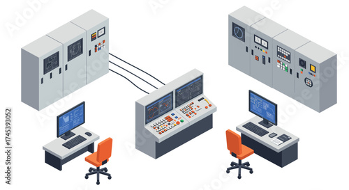 Industrial control room equipment with computers and panels in isometric style