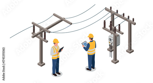 Isometric engineers inspecting power lines and electrical equipment