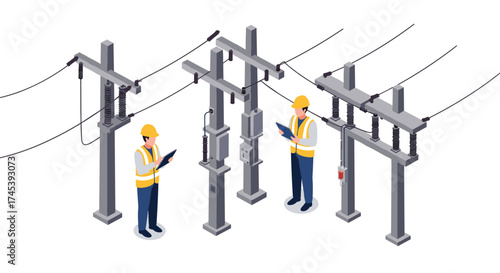 Isometric engineers inspecting power lines for maintenance and safety
