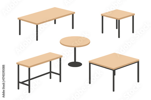 Isometric collection of various modern tables including rectangular, square, and round shapes for interior design layouts