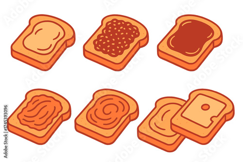 Isometric cartoon set of toasted bread slices with breakfast spreads and condiments