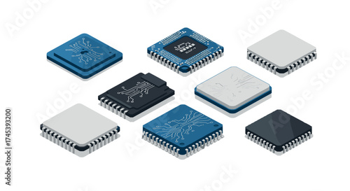 Isometric microchip collection diverse circuit elements in modern tech design
