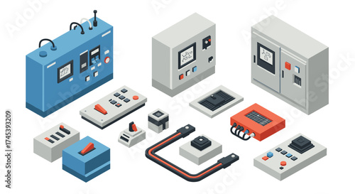 Isometric control panel collection with mechanical buttons and switches in a retro industrial design