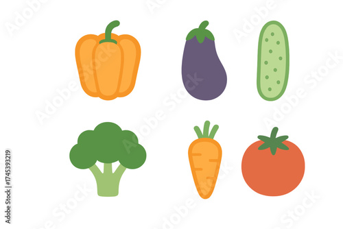 Set of fresh organic vegetables including pepper eggplant cucumber broccoli carrot and tomato on white background