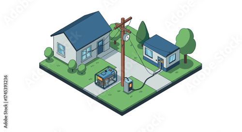 Renewable energy grid with solar panel and electric car charging in isometric suburban setting