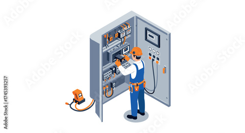 Electrician working in 3d isometric control panel room