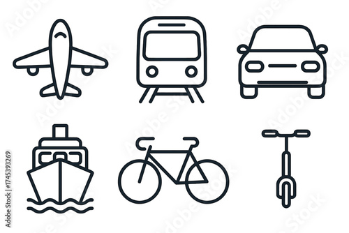 Minimalist outline icons set for logistics, travel, and public transportation