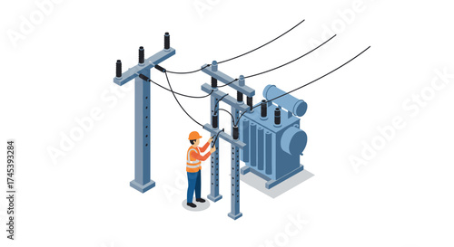 Electrical engineer working on power lines in isometric style