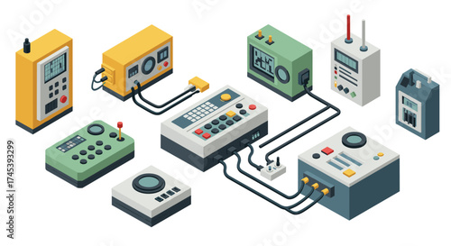 Isometric electronic control panels in retro futuristic style