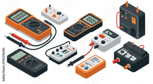 Collection of isometric multimeters and test equipment in modern design