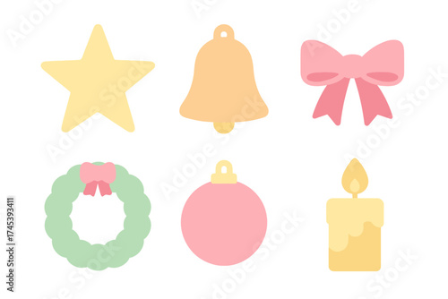 Pastel Christmas holiday symbols set including star, bell, bow, wreath, ornament, and candle