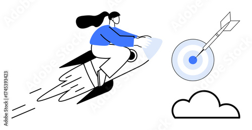 Woman flying on a rocket aiming at a bullseye with an arrow, representing ambition, focus, and progress. Ideal for business strategy, innovation, goal setting, success, motivation leadership
