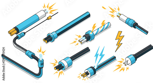 Electric cables and plugs in dynamic isometric style with lightning effects
