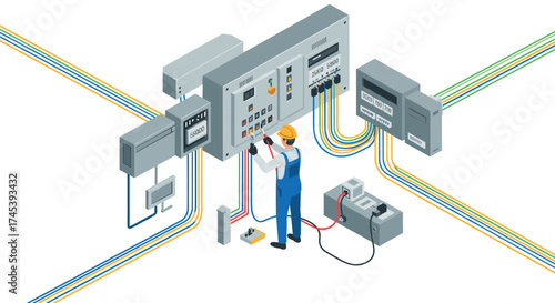 Isometric electrical technician working on control panel with colorful wiring