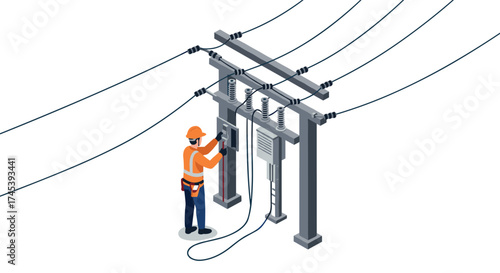 Utility worker performing maintenance on electrical power lines