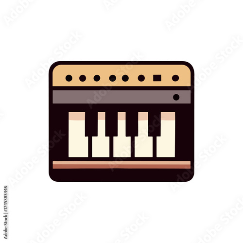 Colorful vintage synthesizer with keys, knobs, and buttons on a white background