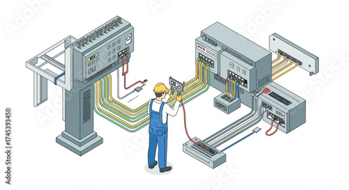 Isometric electrician working on complex industrial electrical panel wiring
