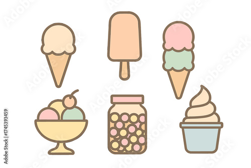 Collection of sweet frozen treats and confectionery items in pastel colors