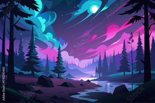 Mystical otherworldly forest at night aurora borealis magical landscape vector illustration vector