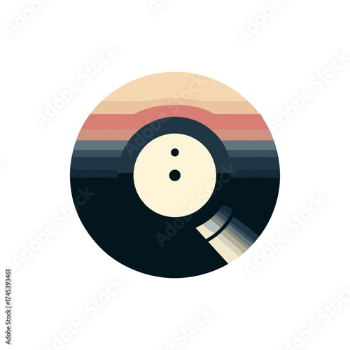Colorful vinyl record with stylized grooves and a needle, set against a minimalist background