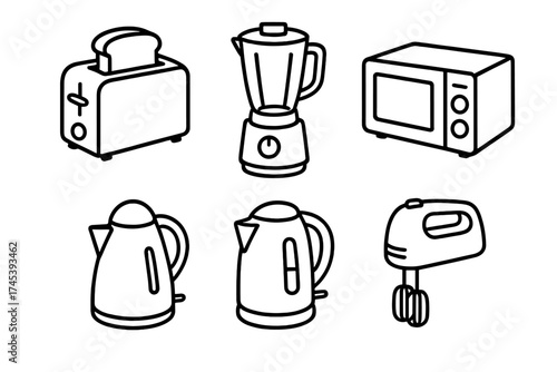 Minimalist black and white outline icons set of small kitchen electronics and gadgets
