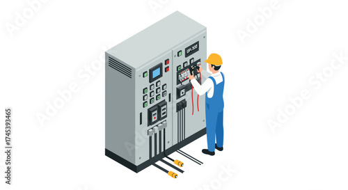 Engineer working on electrical control panel in isometric industrial setting