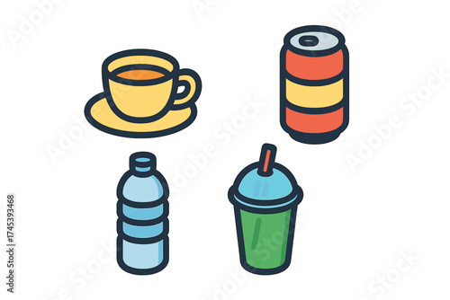 Set of common beverage containers including coffee mug, soda can, water bottle, and cold drink cup