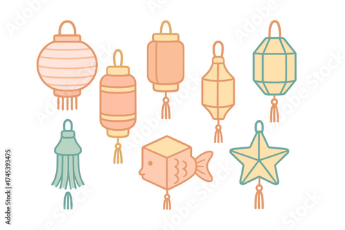 Collection of traditional Asian festival lanterns in various shapes and pastel colors