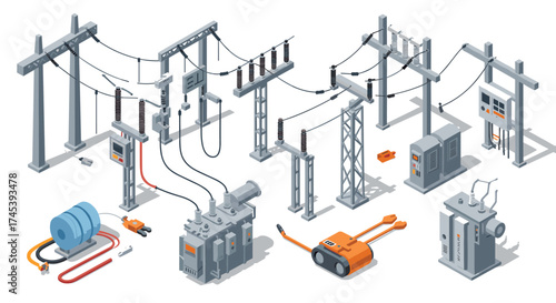 Isometric power transmission infrastructure with equipment and utility poles