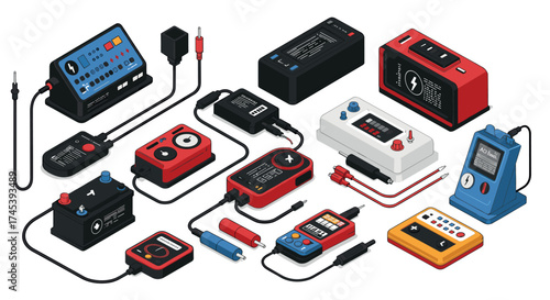 Isometric retro game consoles and chargers collection