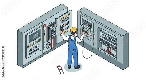 Technician repairing electrical panels in isometric design